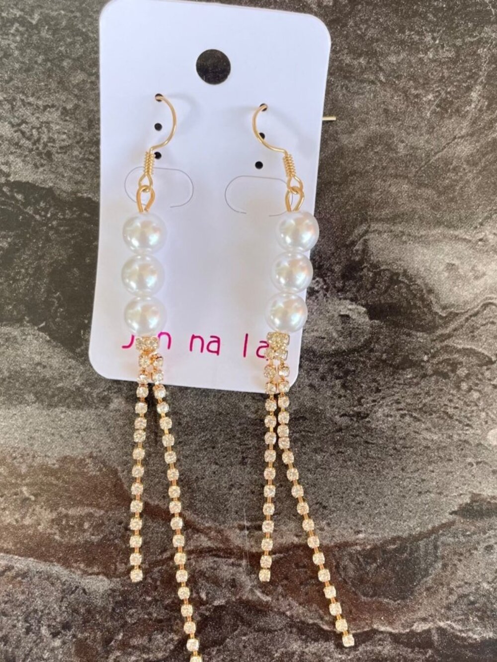 Faux Pearl Rhinestone Earrings 4in Long Gold Glam Dangles - Picture 5 of 9